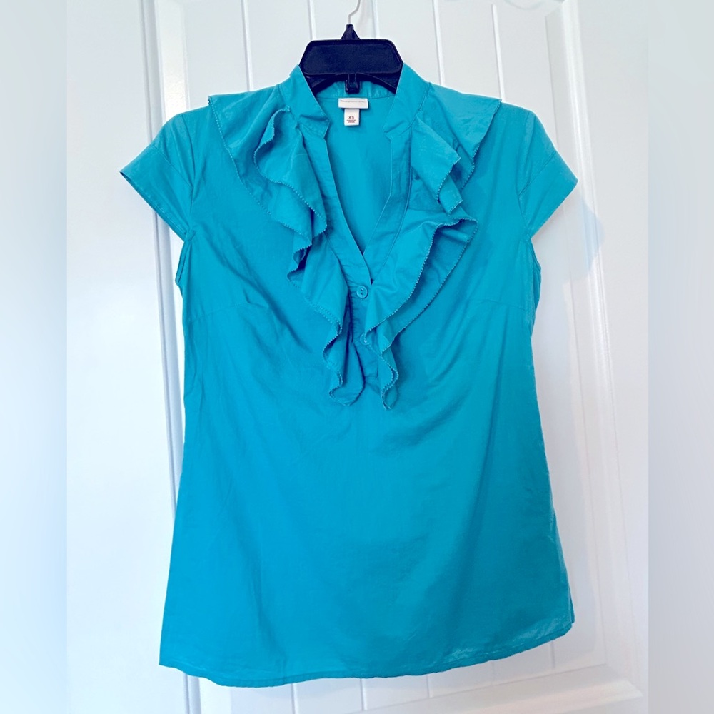 Merona ruffle front button short sleeve cotton blouse top size XS teal blue